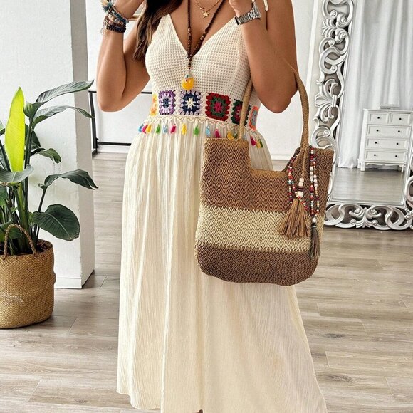 Dresses & Skirts - Apricot Boho Women's Plus Size V-Neck Knitted Embroidered Sleeveless Dress
